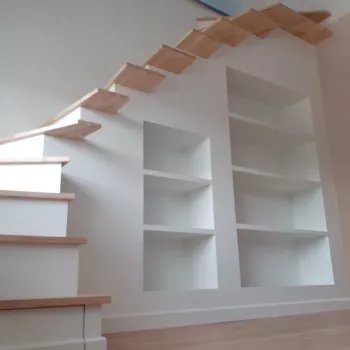 Escalier sur bibliothèque, marches bois.